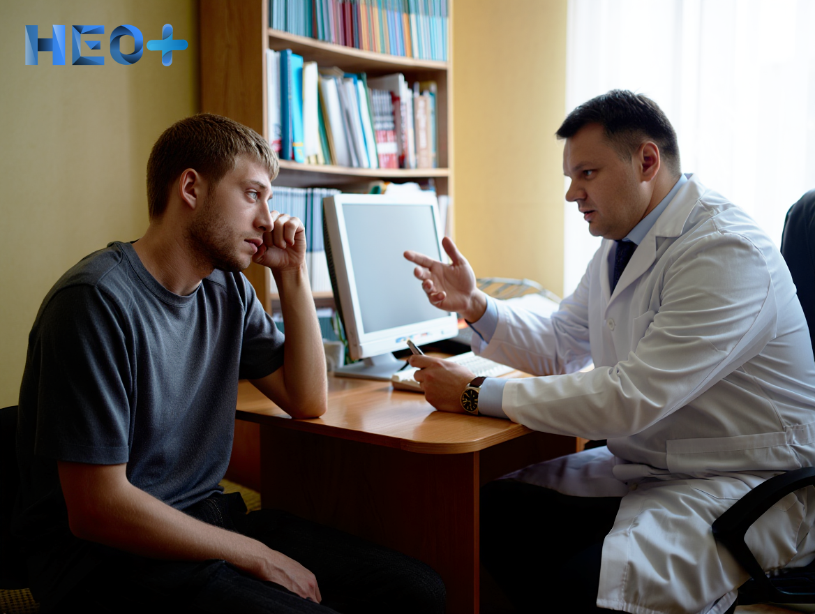 Врач-нарколог консультирует пациента в своем кабинете